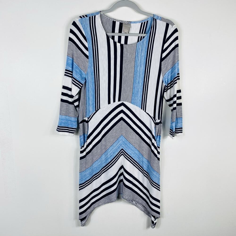 Chico's Size Small 4 0 Striped Knit Tunic Top Blue 3/4 Sleeve Stretch